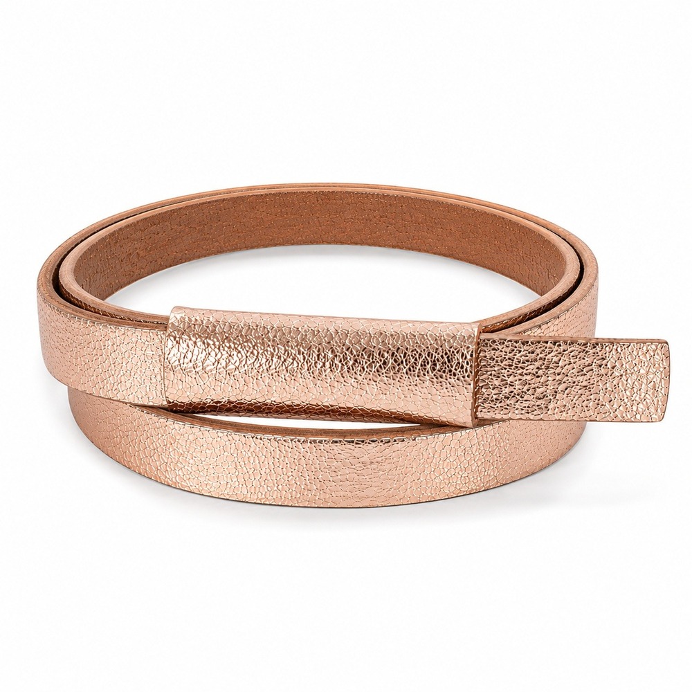 Amsterdam Heritage Skinny Leather Belt Womens Rose Gold Metallic Slide Buckle